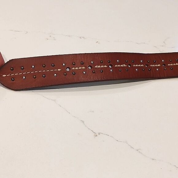 Brown Leather Tri-Metal Studded Belt Brass Buckle - Picture 3 of 7